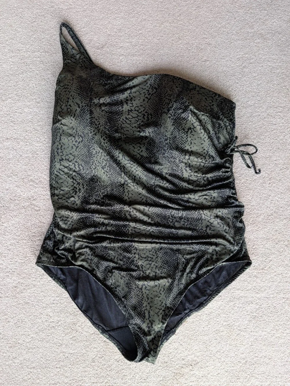 Cacique One Piece Snake Print Swimsuit Ruched Slimming One Shoulder Python Skin